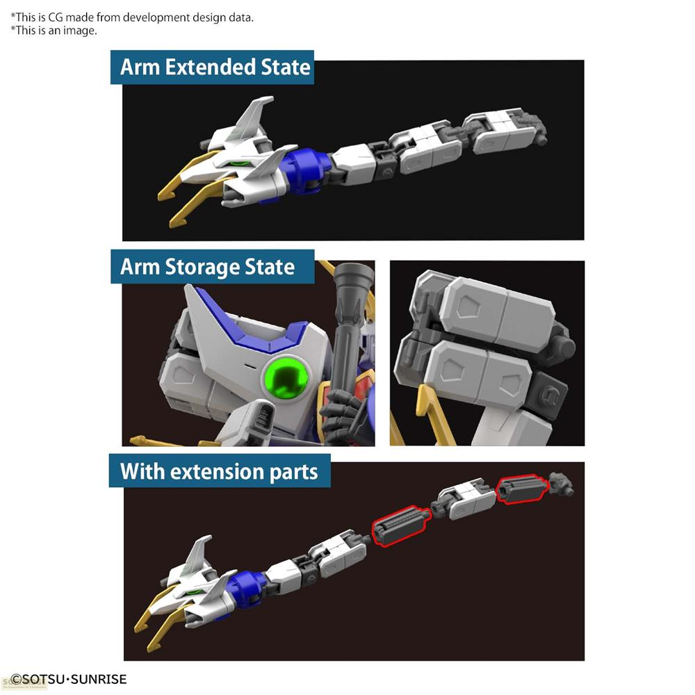 Ein weißer und blauer Roboterarm in ausgefahrener, eingefahrener und mit Erweiterungsteilen versehener Position.