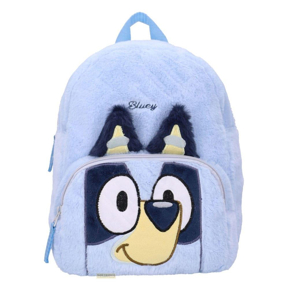 Una mochila azul claro de peluche con la cara de Bluey.