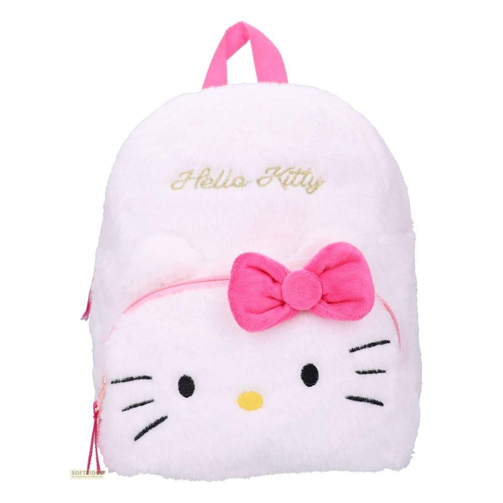 Una mochila blanca y esponjosa de Hello Kitty con lazo y orejas rosas.