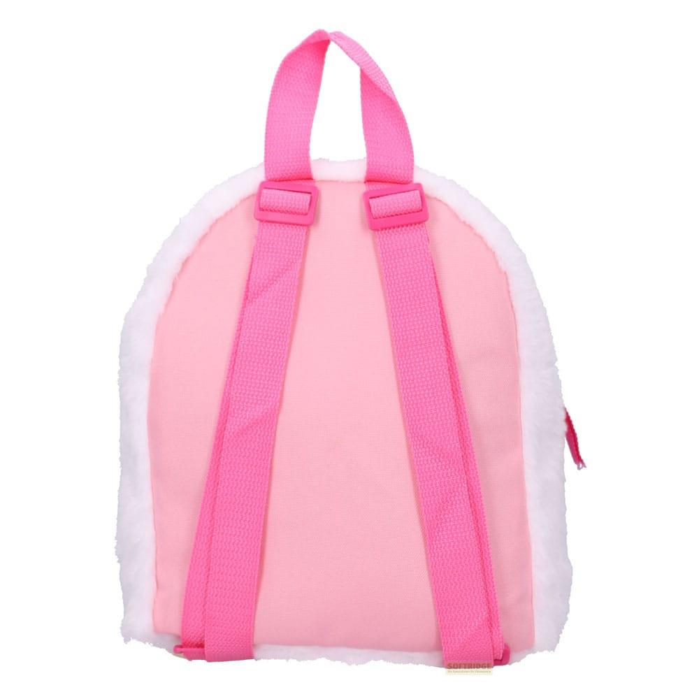 Una mochila rosa con bordes blancos y esponjosos y correas rosas.