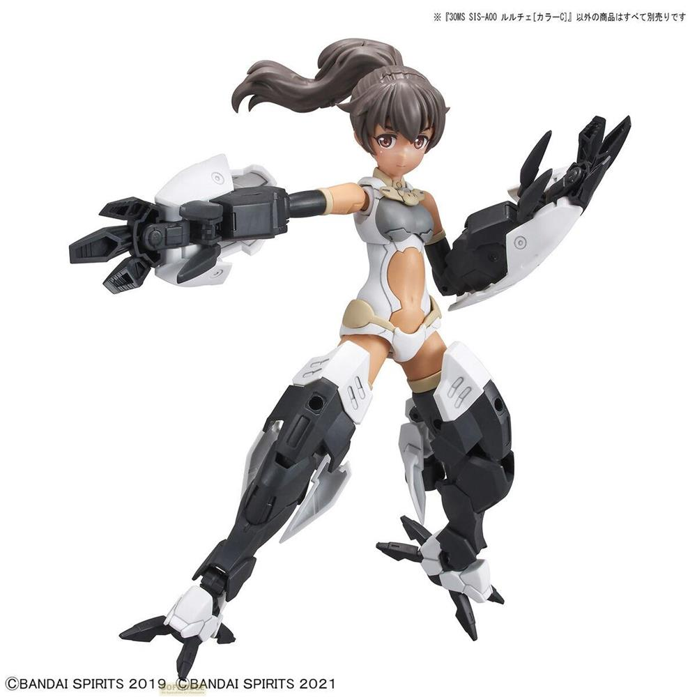 Eine weibliche Actionfigur in Weiß, Schwarz und Beige mit detaillierter Rüstung und Armen.