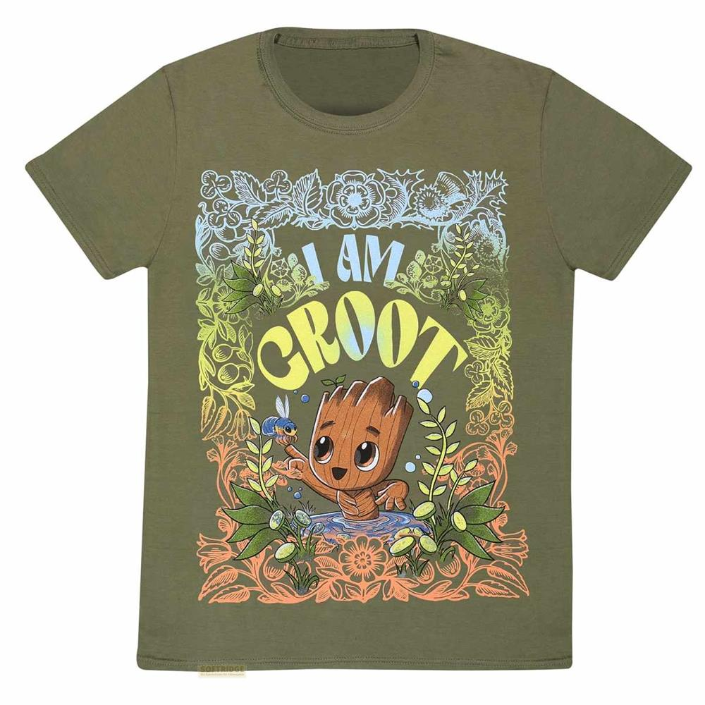 Baby Groot sitzt in Wasser. Es gibt eine Biene und Pflanzen. Der Text sagt 'I AM GROOT'.