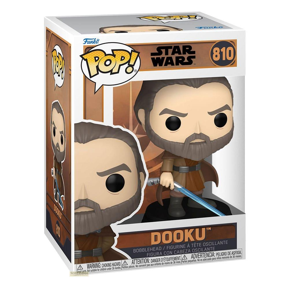 Figura Funko Pop de Dooku de Star Wars con sable de luz azul.