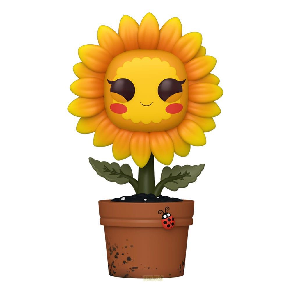 Eine niedliche Sonnenblumenfigur in einem Topf mit Marienkäfer auf der Seite.