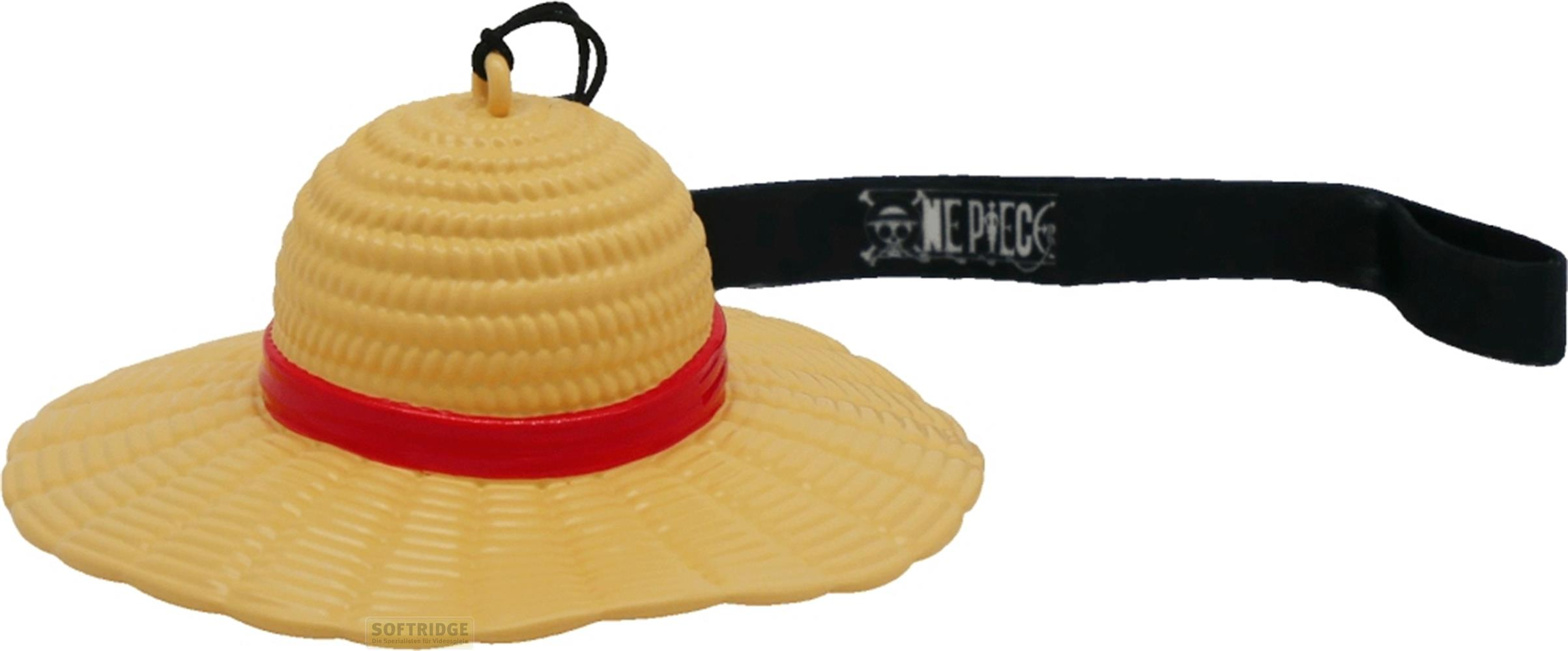 Un chapeau de paille jaune avec un bandeau rouge et un bandeau noir "One Piece".
