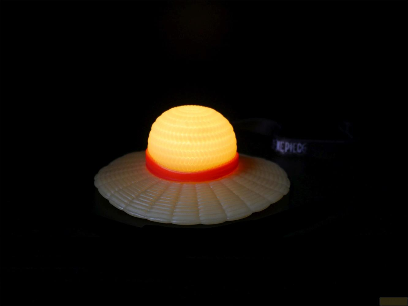 Une lampe brillante en forme de nid d'abeille sur un chapeau blanc à bande rouge.