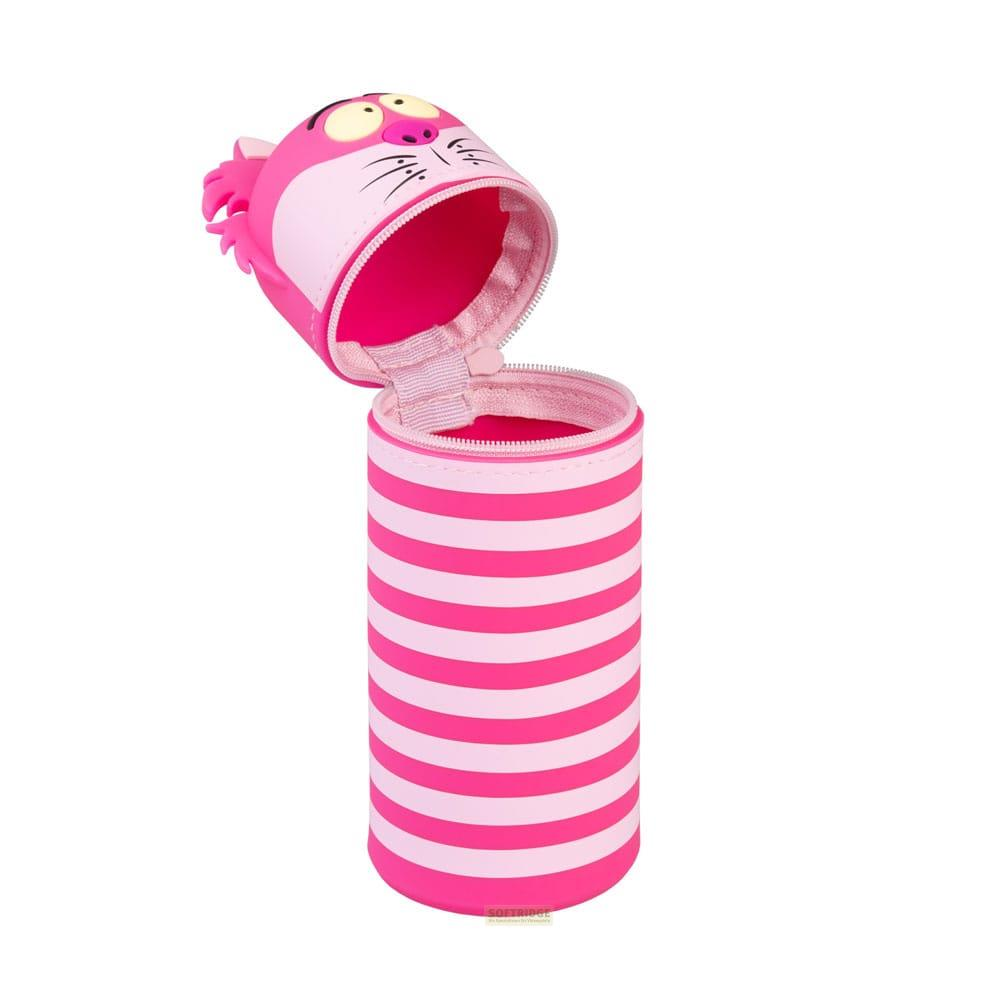 Un neceser rosa a rayas con forma de gato, abierto por arriba.