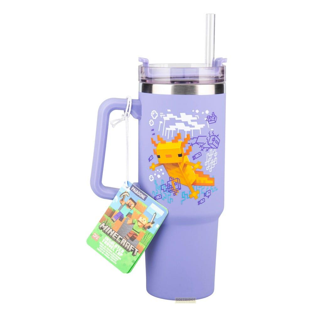 Vaso morado de Minecraft con diseño de ajolote amarillo y etiqueta.