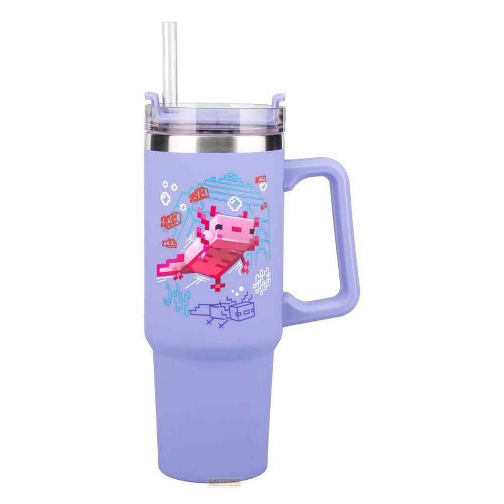 Vaso lavanda con pajita, con diseño de axolote rosa de Minecraft.