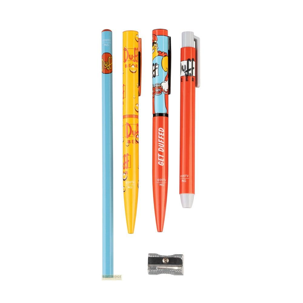 Un lápiz azul, dos bolígrafos amarillos y un bolígrafo naranja con diseños de Duff.