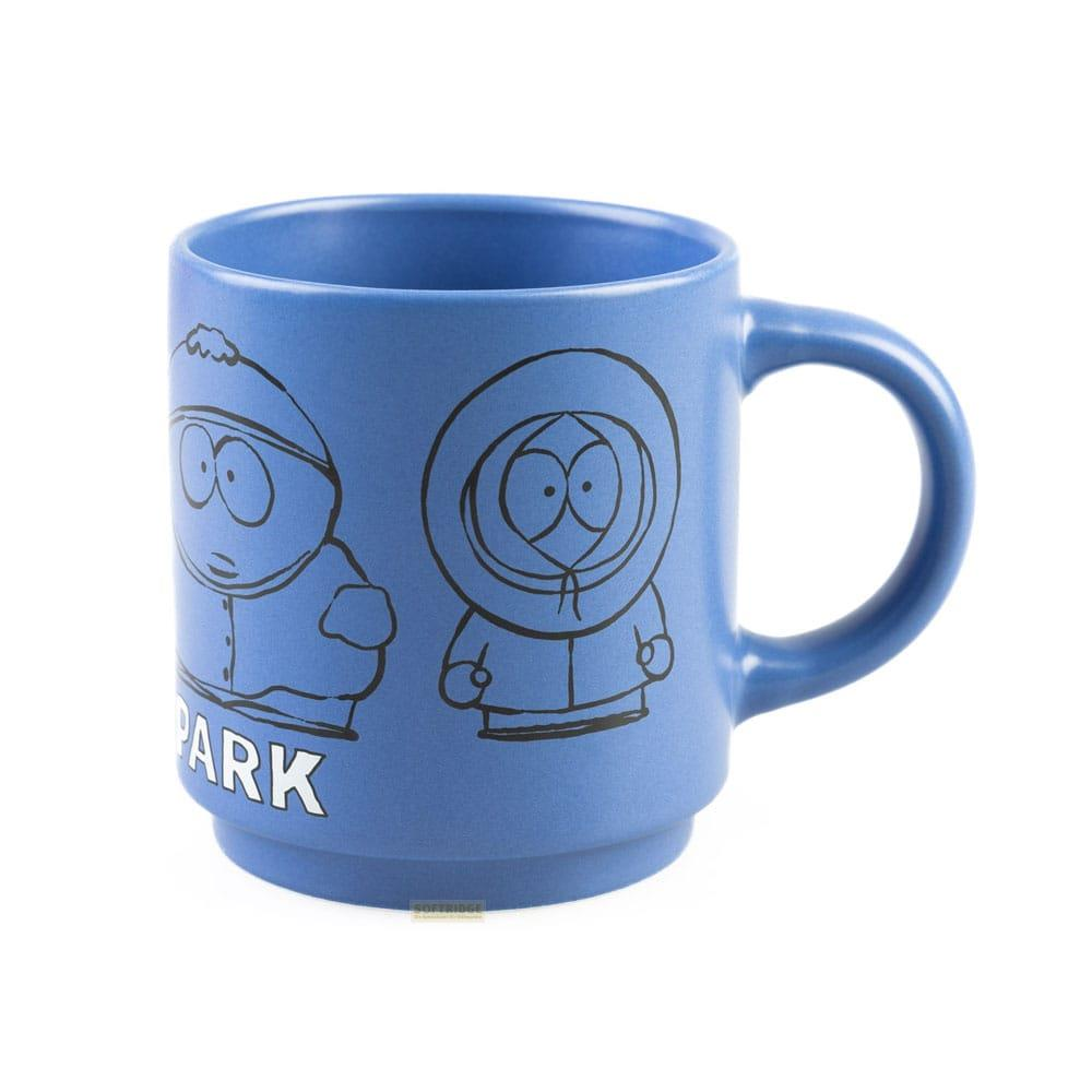 Taza azul con personajes de South Park y la palabra PARK.
