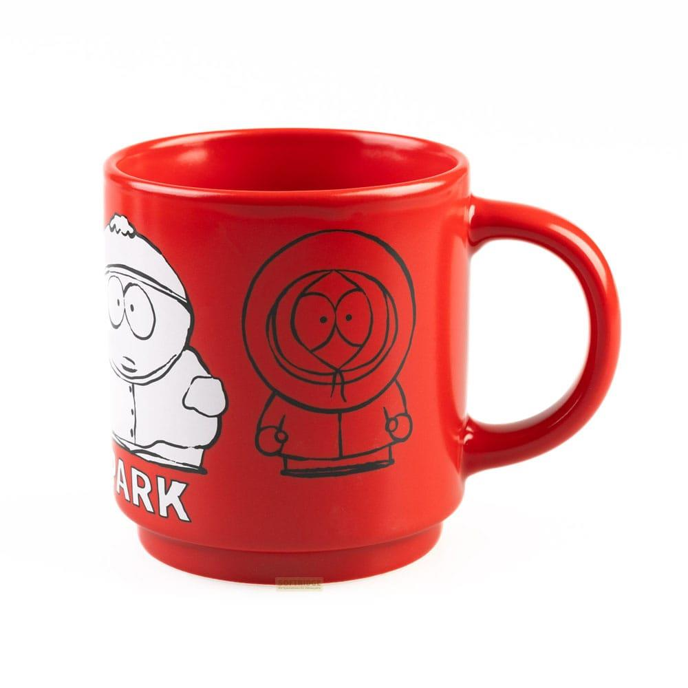 Una taza roja con personajes de South Park y el texto "ARK".