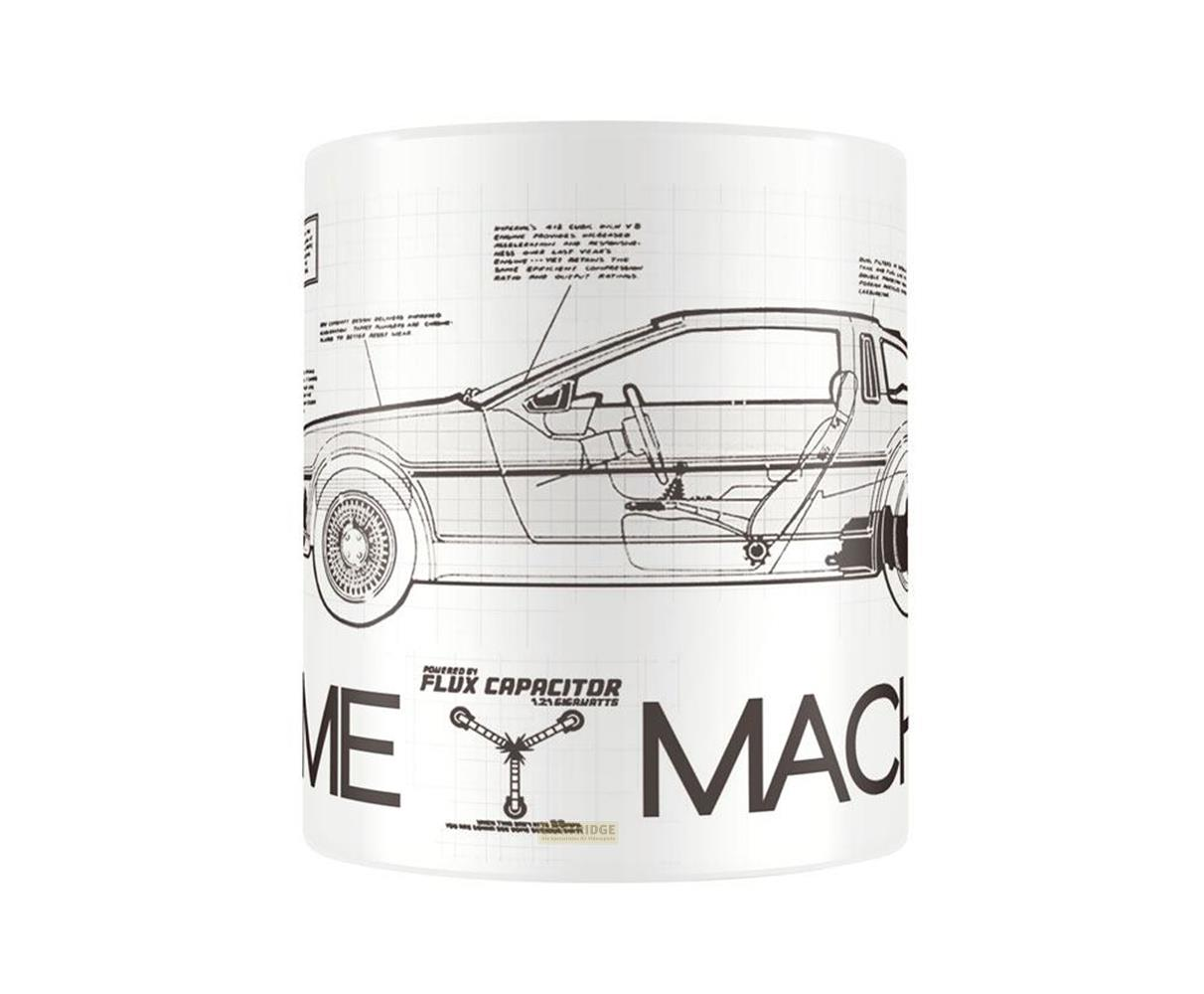 Un dibujo esquemático de un DeLorean con texto "Flux Capacitor".