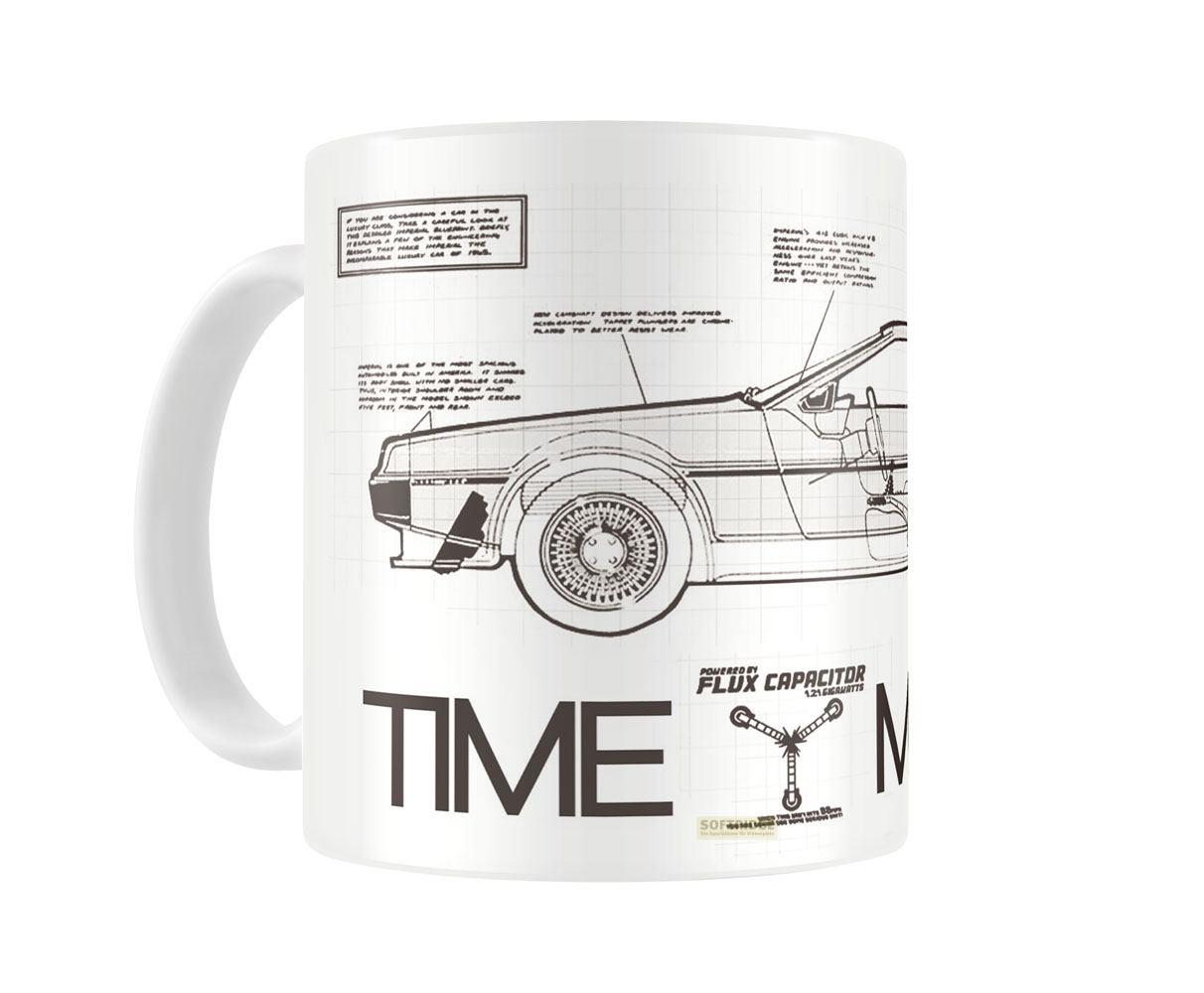 Taza con dibujos técnicos del DeLorean y el texto MÁQUINA DEL TIEMPO.