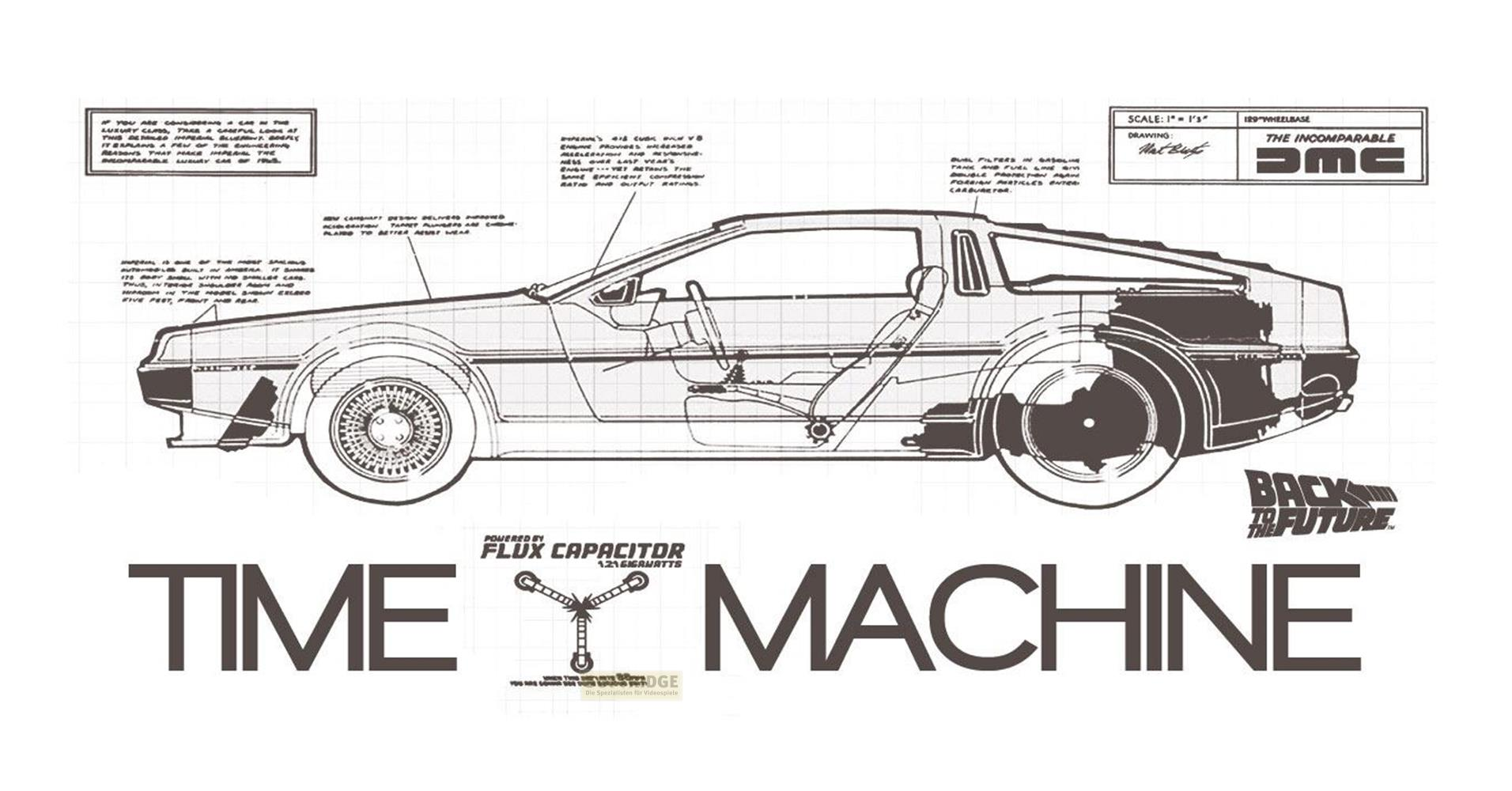 Dibujo técnico del DeLorean "Time Machine" con "Flux Capacitor" y logo "Back to the Future".