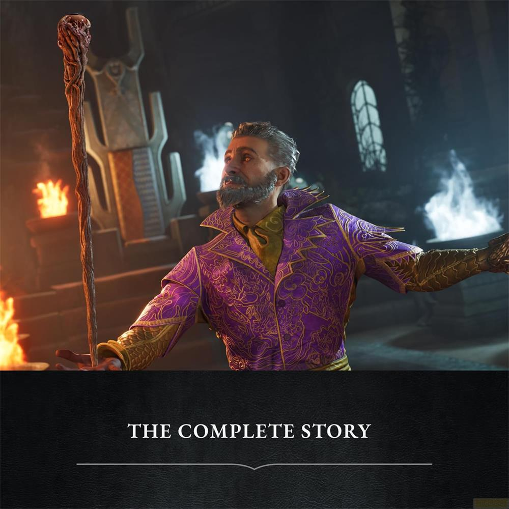 Uomo con barba, cappotto viola e oro, tiene bastone. Fiamme sullo sfondo.