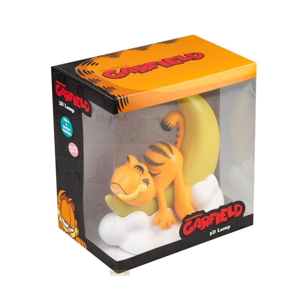 Lámpara de Garfield en caja con Garfield en una nube frente a una luna de plátano.