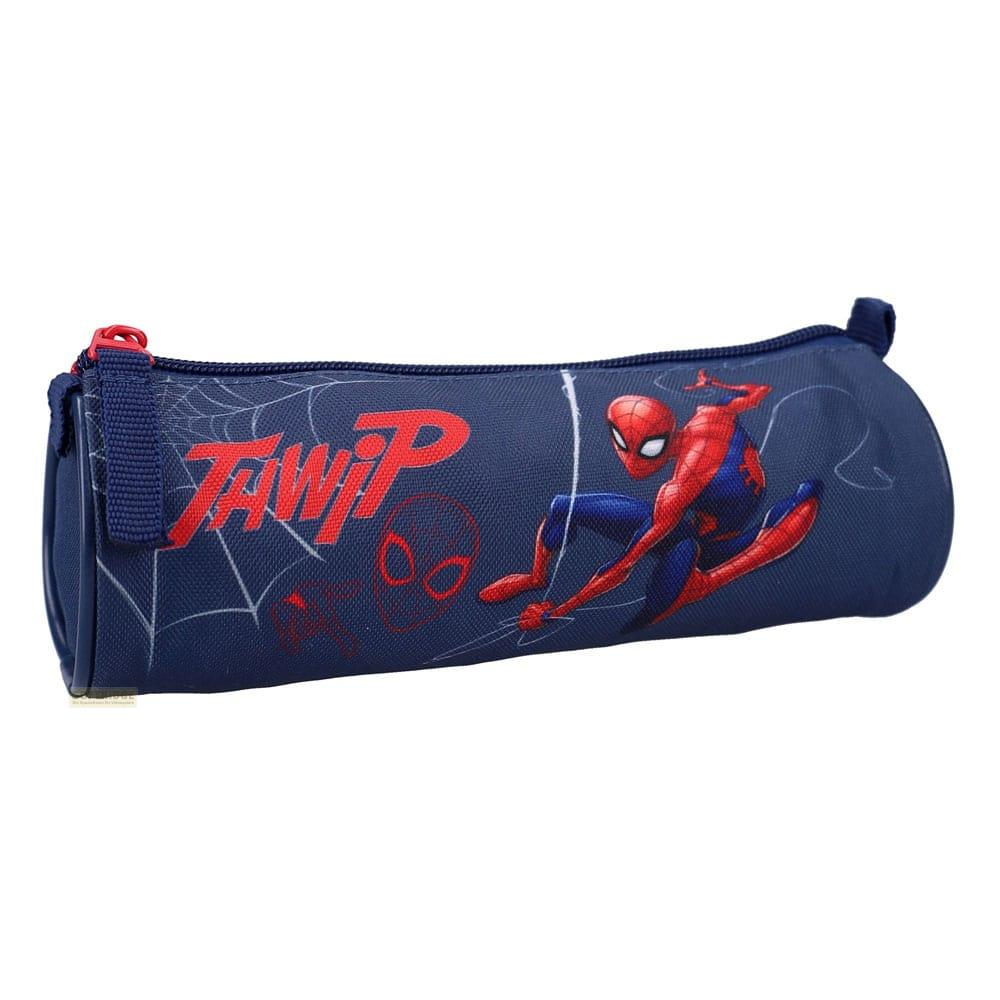 Un estuche azul oscuro con Spiderman y el texto "TWP".