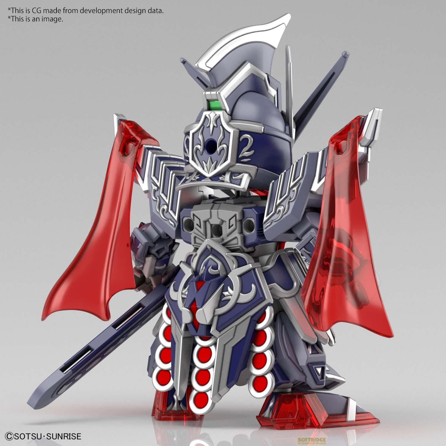 Ein detailliertes Modell eines blau-grauen Roboters mit roten Verzierungen und einem Schwert.