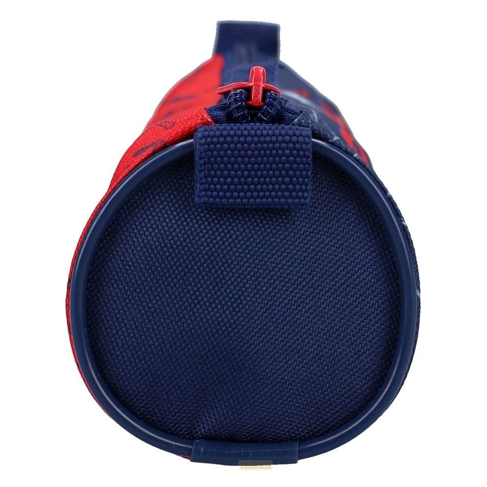 Una bolsa de aseo redonda y azul con cremallera roja y estampado.