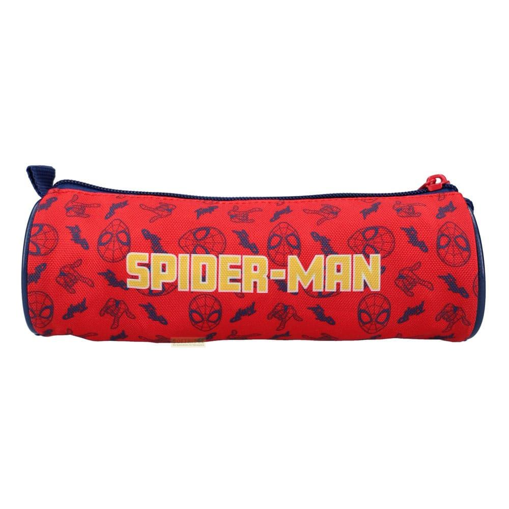 Un estuche rojo de Spider-Man con patrones azules y letras amarillas.