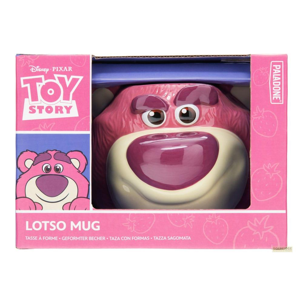 Taza rosa del oso Lotso de Toy Story, en caja con diseños de fresas.