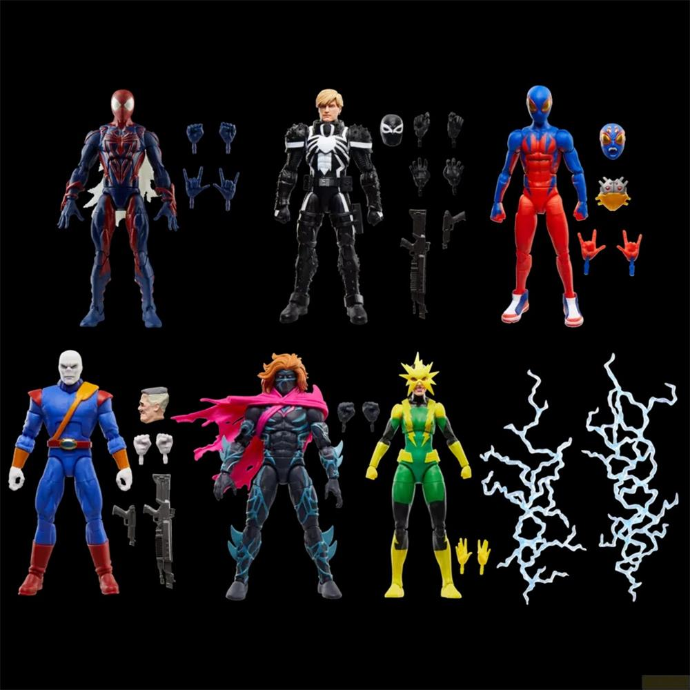 Seis figuras de acción de Marvel con accesorios como manos, armas y rayos sobre un fondo negro.
