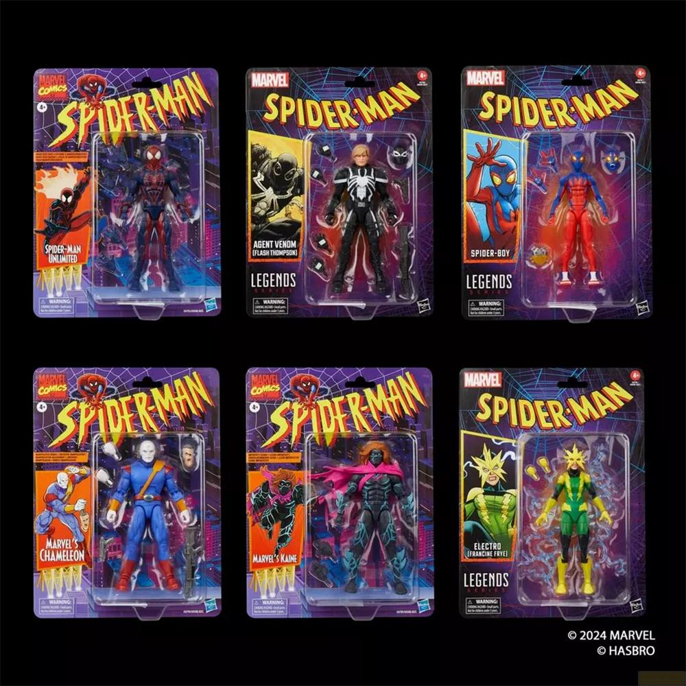 Seis figuras de acción de Marvel Spider-Man en empaque: Spider-Man Unlimited, Agente Venom, Spider-Boy, Camaleón, Kaine, Electro.