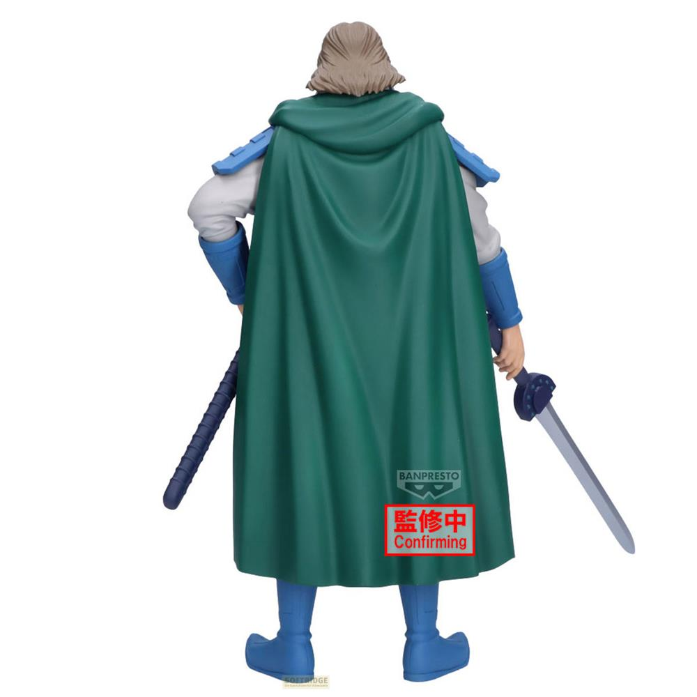 Una figura con capa verde, botas azules y espada.