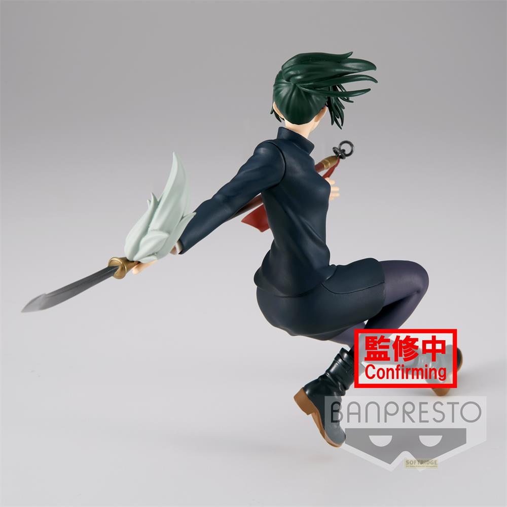 Figura de anime de Maki Zenin con pelo verde, uniforme oscuro, sosteniendo espada.