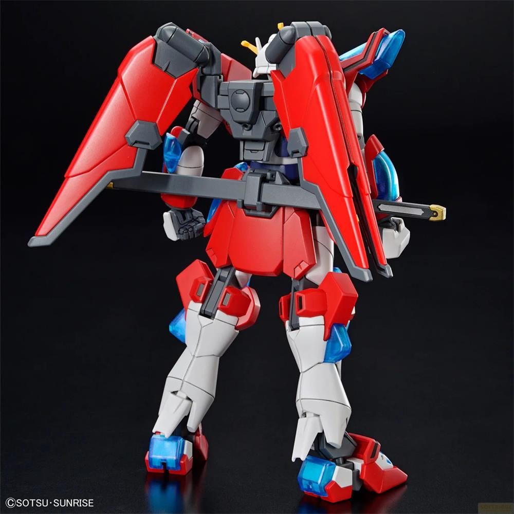 Ein roter und weißer Mech mit blauen Akzenten, der ein Schwert hält.