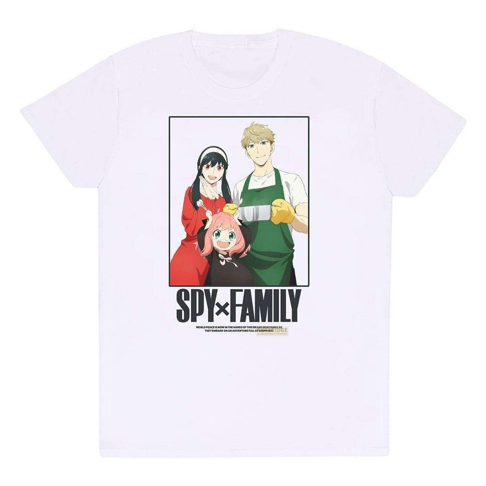 Weiße T-Shirt mit Spy x Family Motiv: Loid, Yor und Anya, Loid trägt eine grüne Schürze.