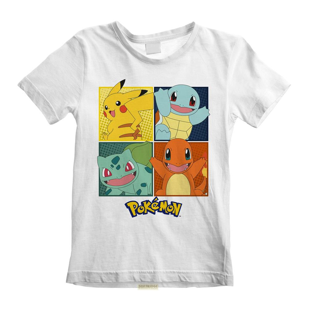 T-Shirt mit vier Pokémon: Pikachu, Glumanda, Schiggy und Bisasam.