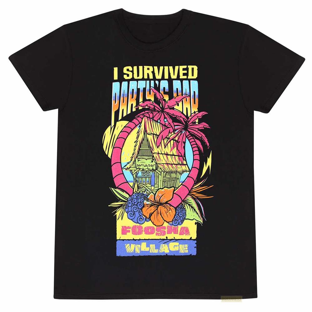 Schwarzes T-Shirt mit tropischer Szene: Hütte, Palmen, Blumen, Früchte und Text.