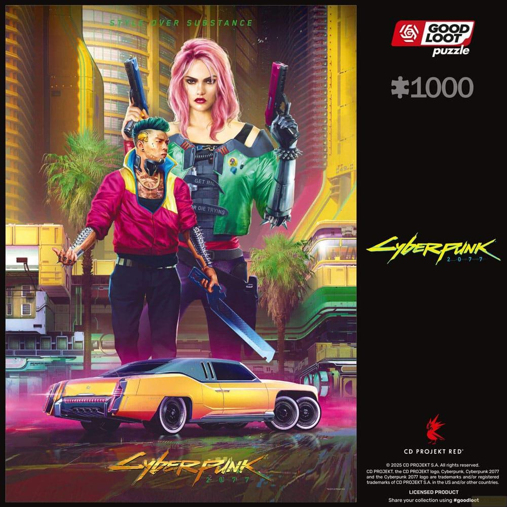 Personaggi Cyberpunk con pistole davanti a una città futuristica e un'auto gialla.
