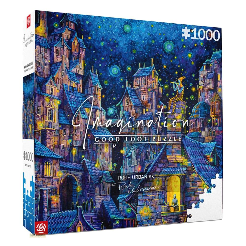 Puzzeldoos met een fantasie stad in de nacht, gloeiende ramen en sterren.