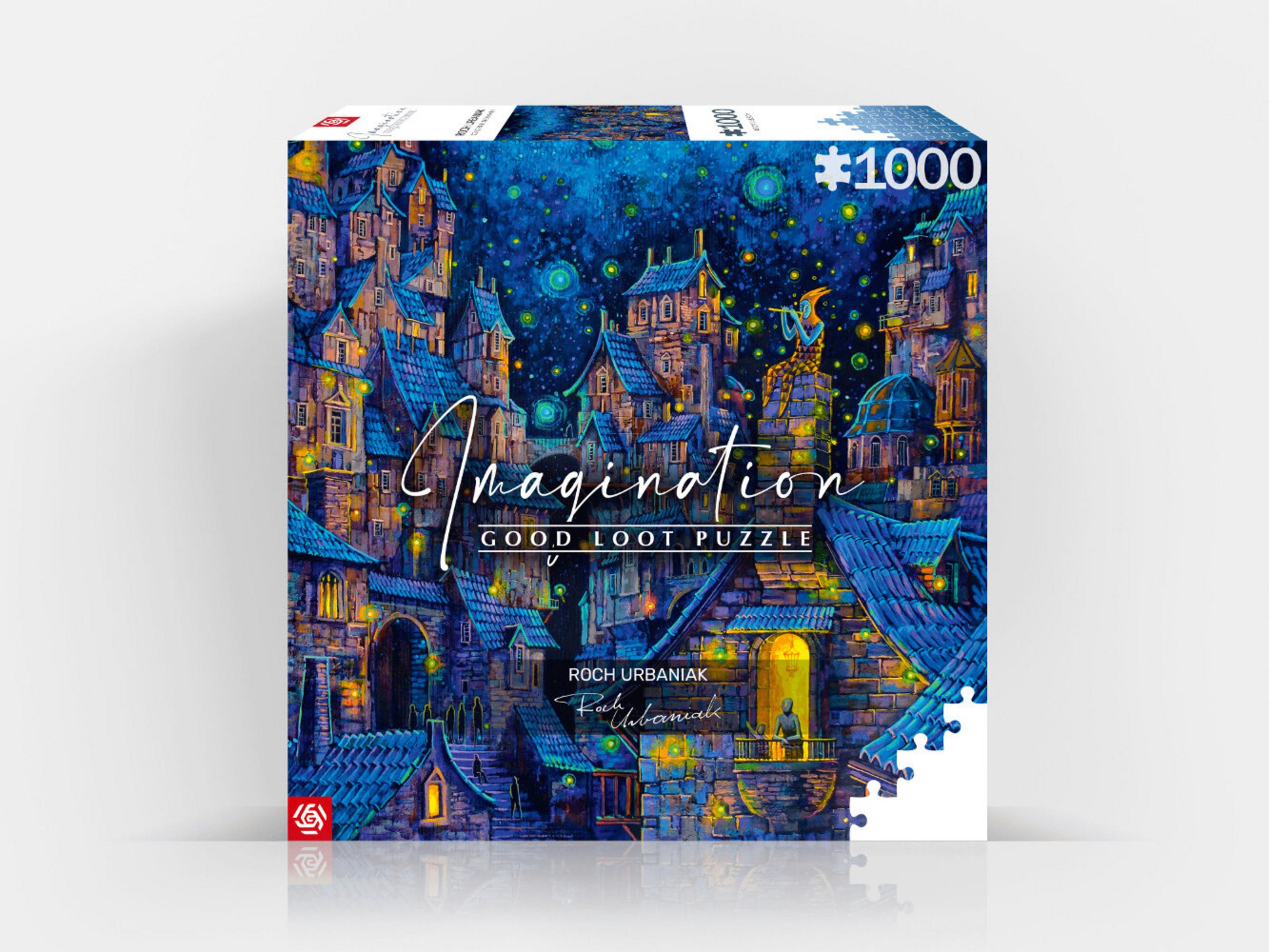 Een fantasierijke stad 's nachts, met blauwe daken, lichten en sterren.