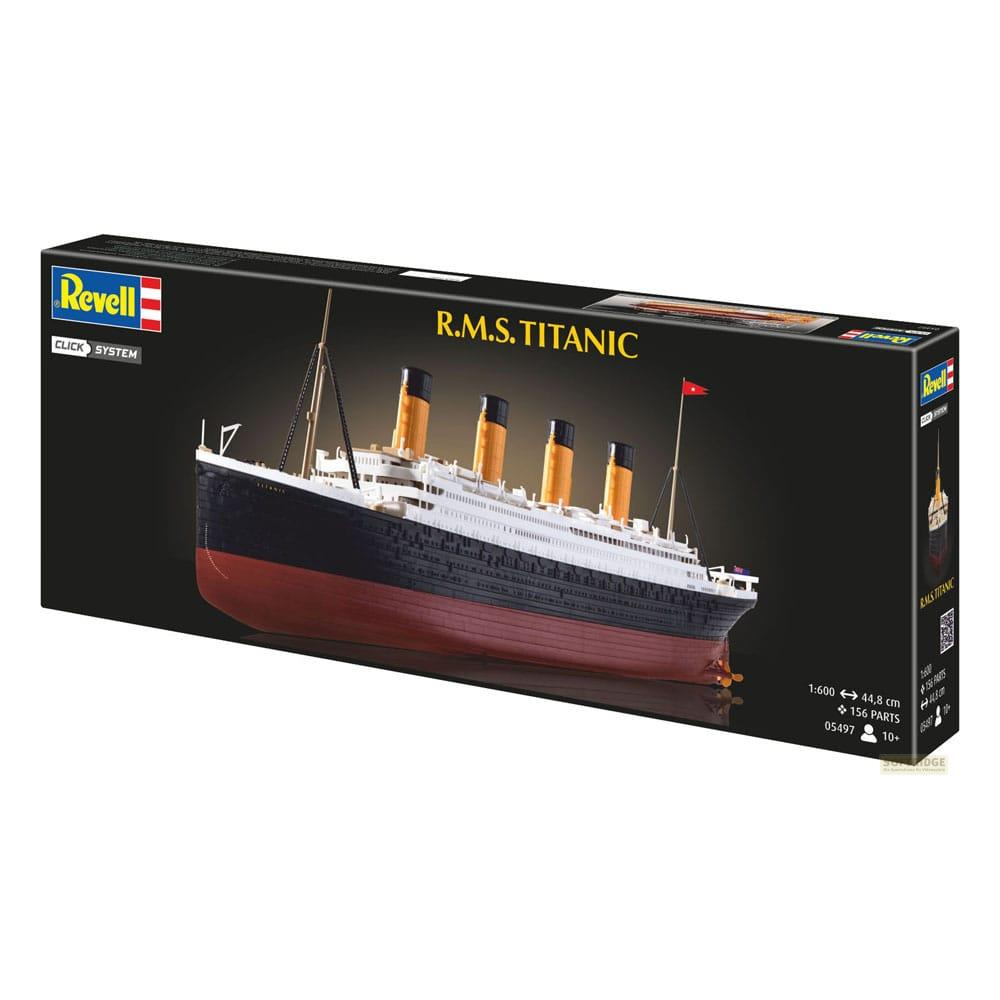 Modellino Revell R.M.S. Titanic con modello dettagliato della nave sulla scatola.