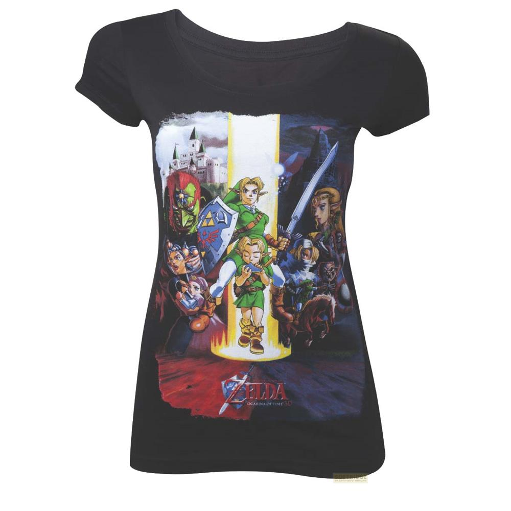 Das T-Shirt zeigt Charaktere aus Zelda: Ocarina of Time. Link ist in der Mitte.