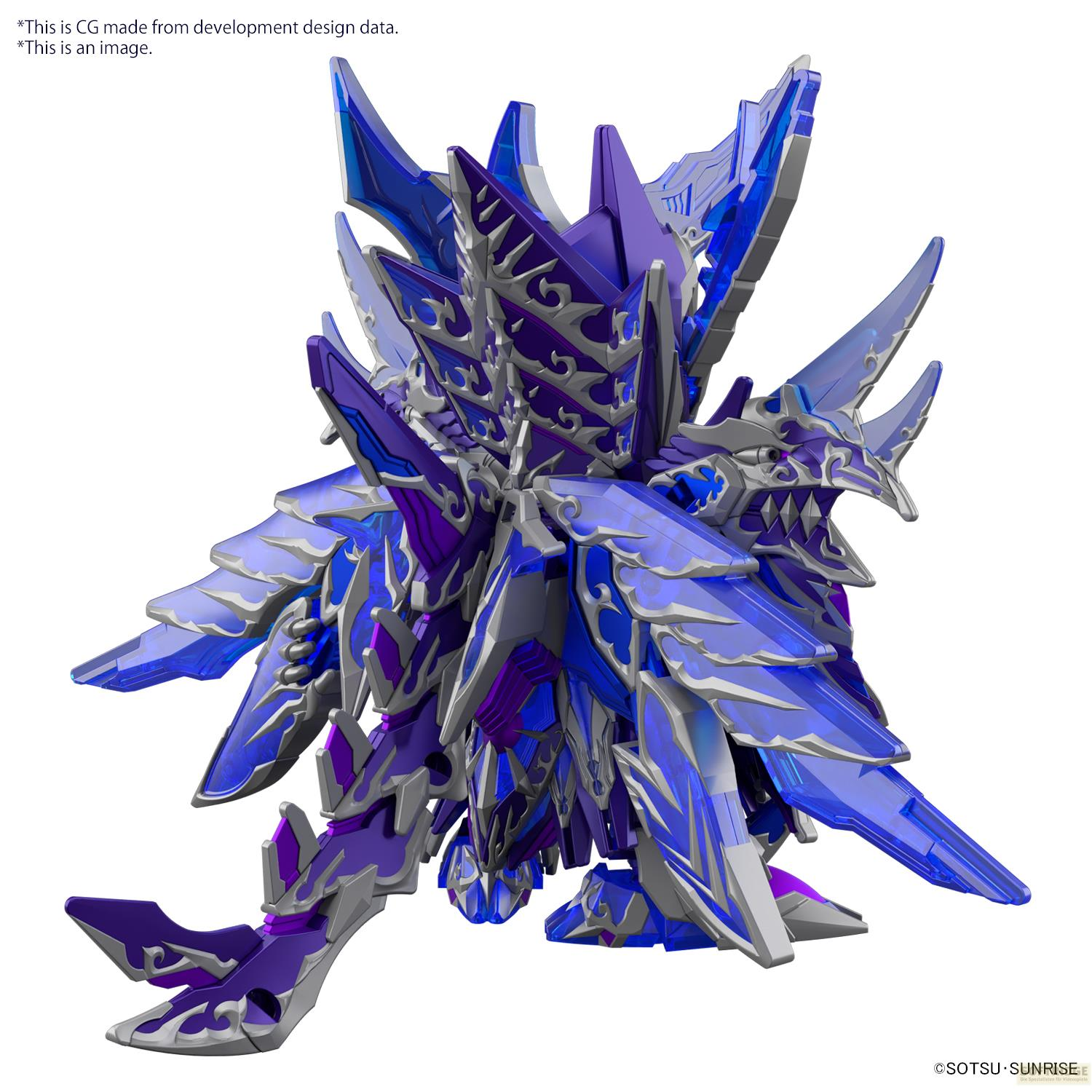 Ein futuristisches, blau-violettes Wesen mit spitz zulaufenden Flügeln und metallischen Akzenten.