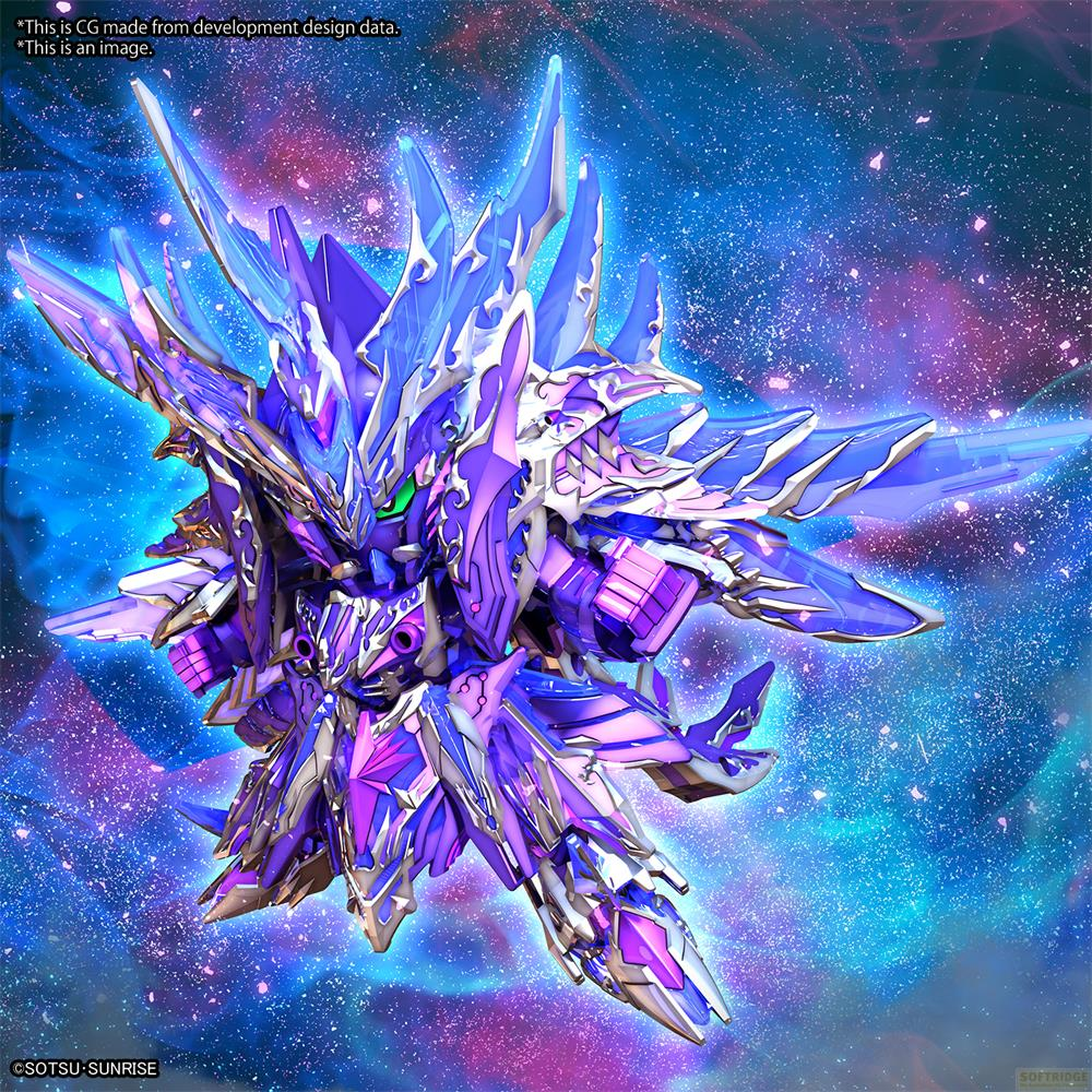 Ein lila und blauer Mech mit scharfen Kanten auf einem Sternenhimmel.