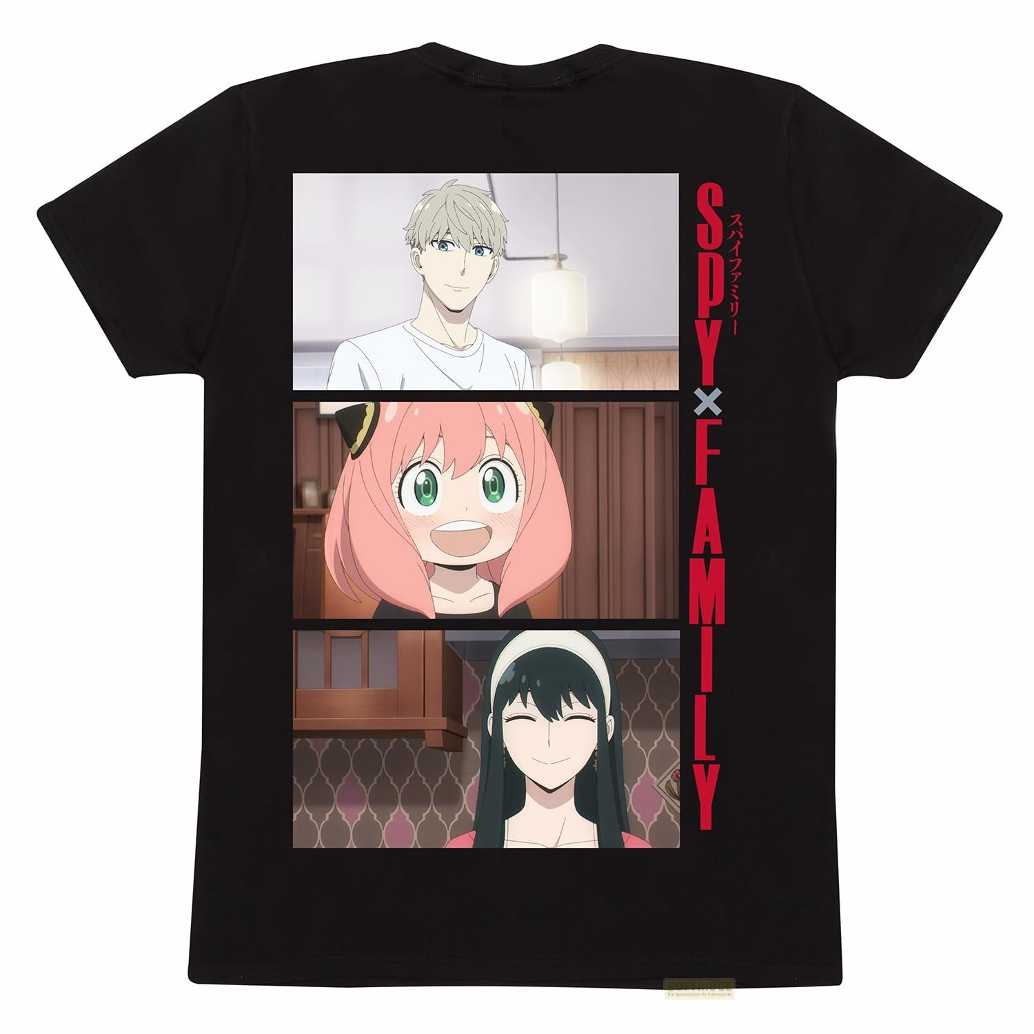 Ein schwarzes T-Shirt mit drei Anime-Bildern und dem Text SPY X FAMILY.