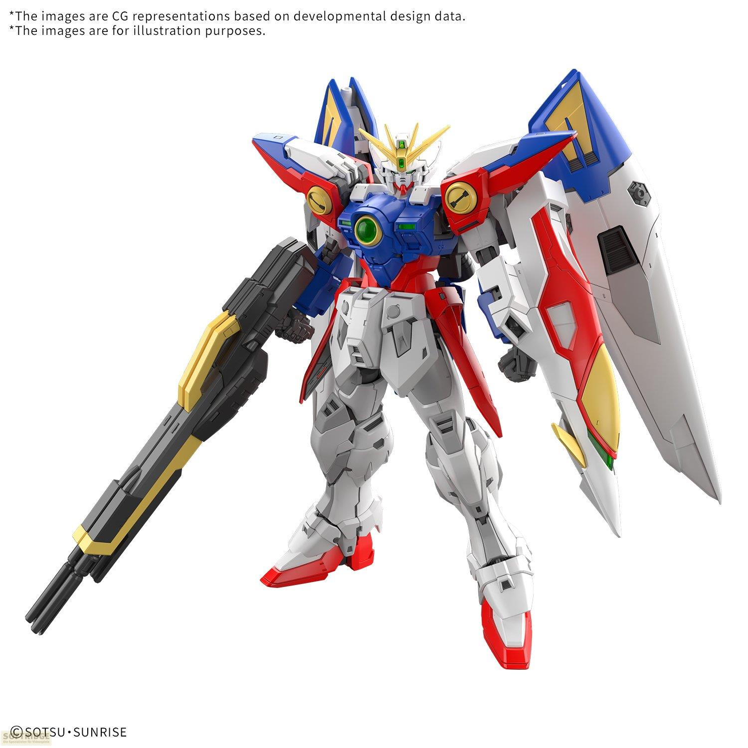 Ein weißer, blauer und roter Gundam-Roboter mit einem Gewehr, vor weißem Hintergrund.