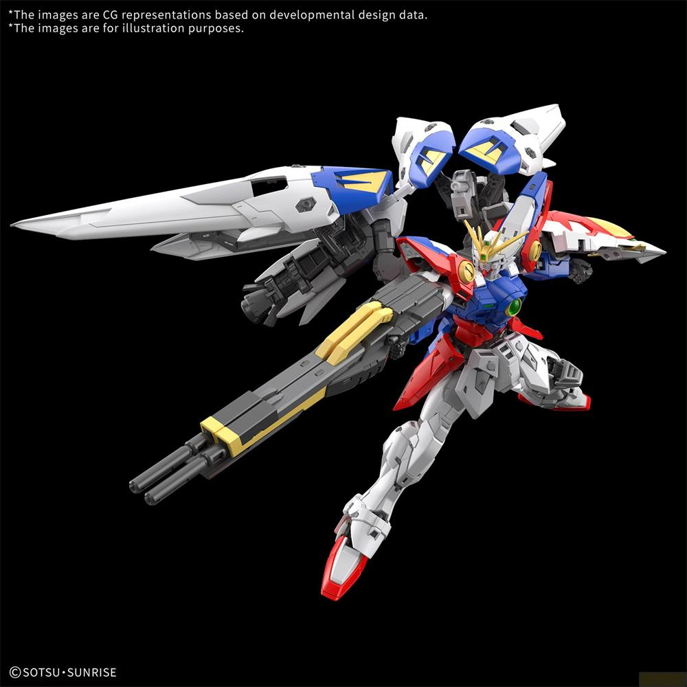 Ein weißer, blauer und roter Roboter mit Flügeln und einer Waffe vor schwarzem Hintergrund.