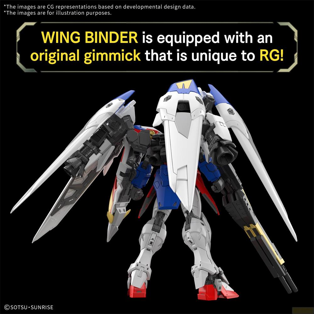 Ein weißer, blauer und grauer Mech mit großen Flügeln auf schwarzem Hintergrund.