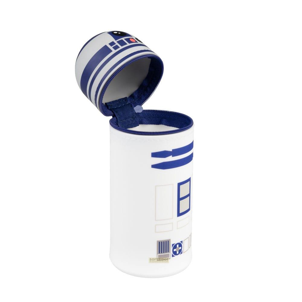 Un estuche blanco con diseño de R2-D2, con la parte superior abierta.