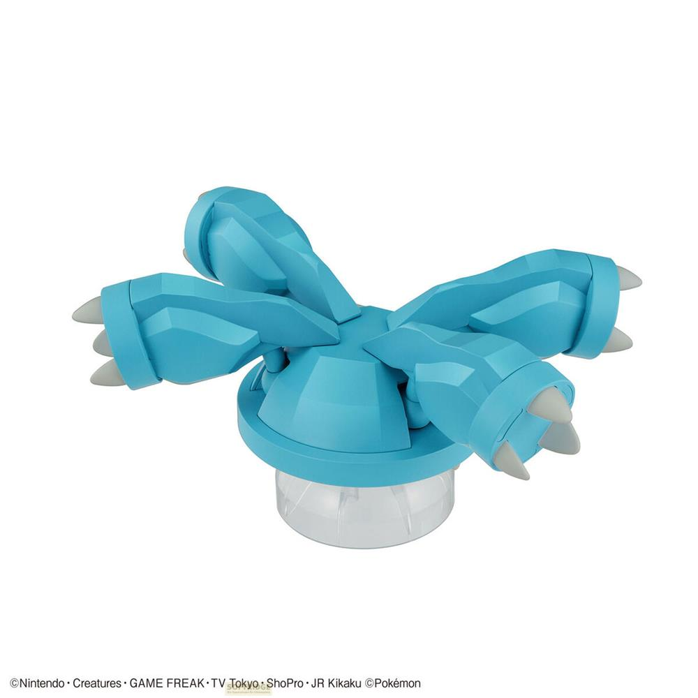 Ein blauer Pokémon-Figur mit vier Klauen, die auf einem transparenten Sockel steht.