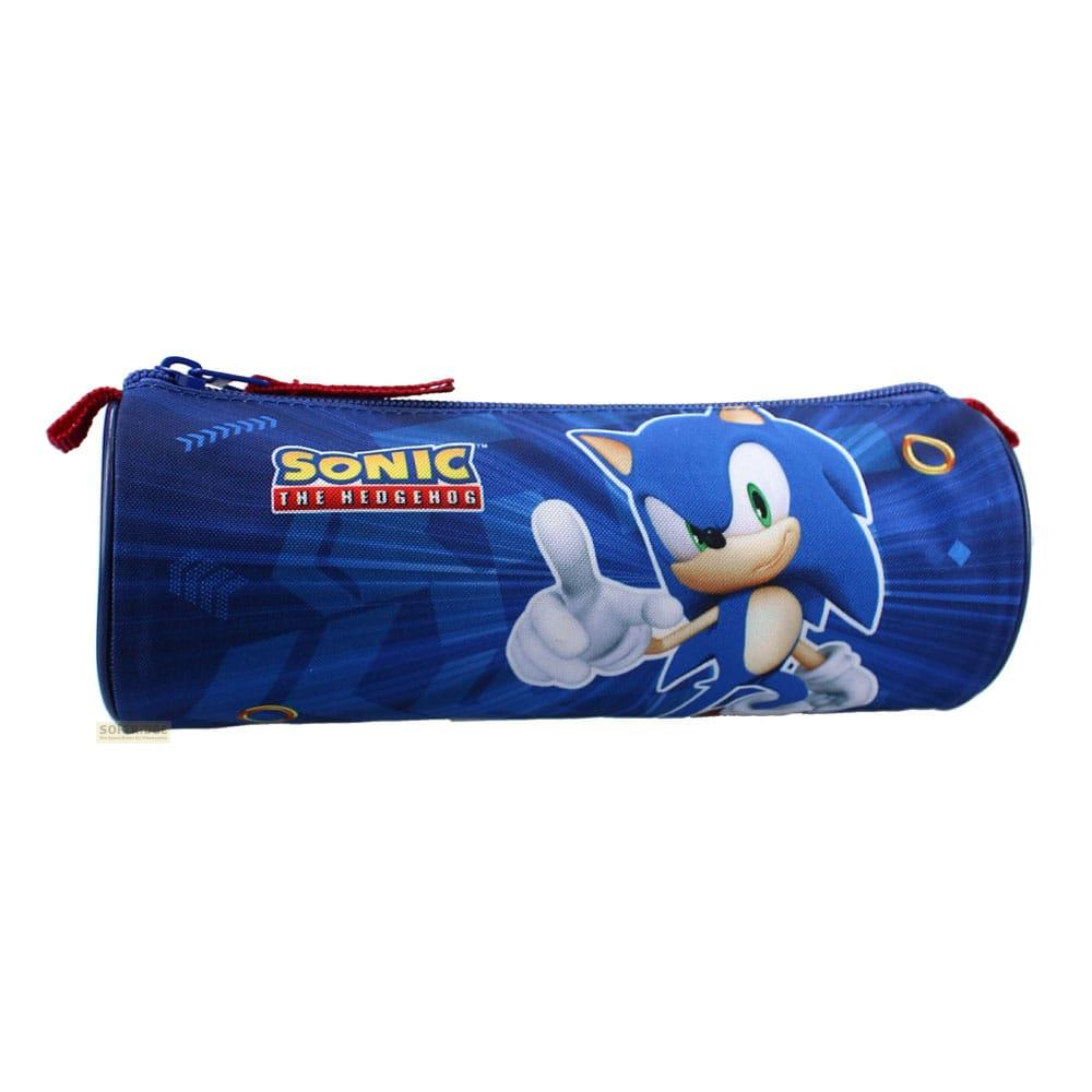 Un estuche azul con Sonic the Hedgehog mostrando el pulgar hacia arriba.