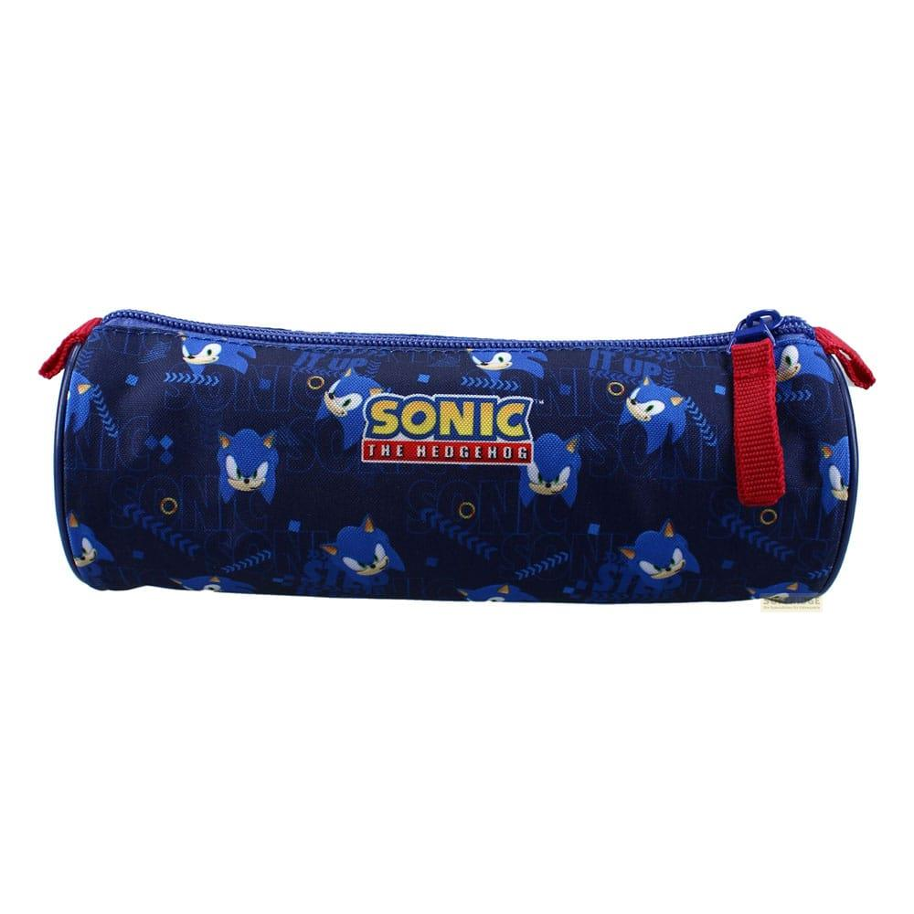 Un estuche azul de Sonic con gráficos de Sonic.