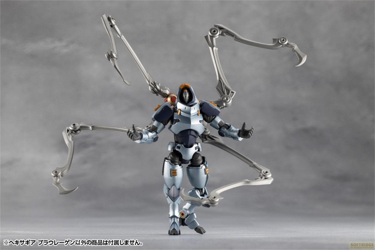 Ein Actionfigur-Roboter in Blau und Silber mit vier mechanischen Armen.